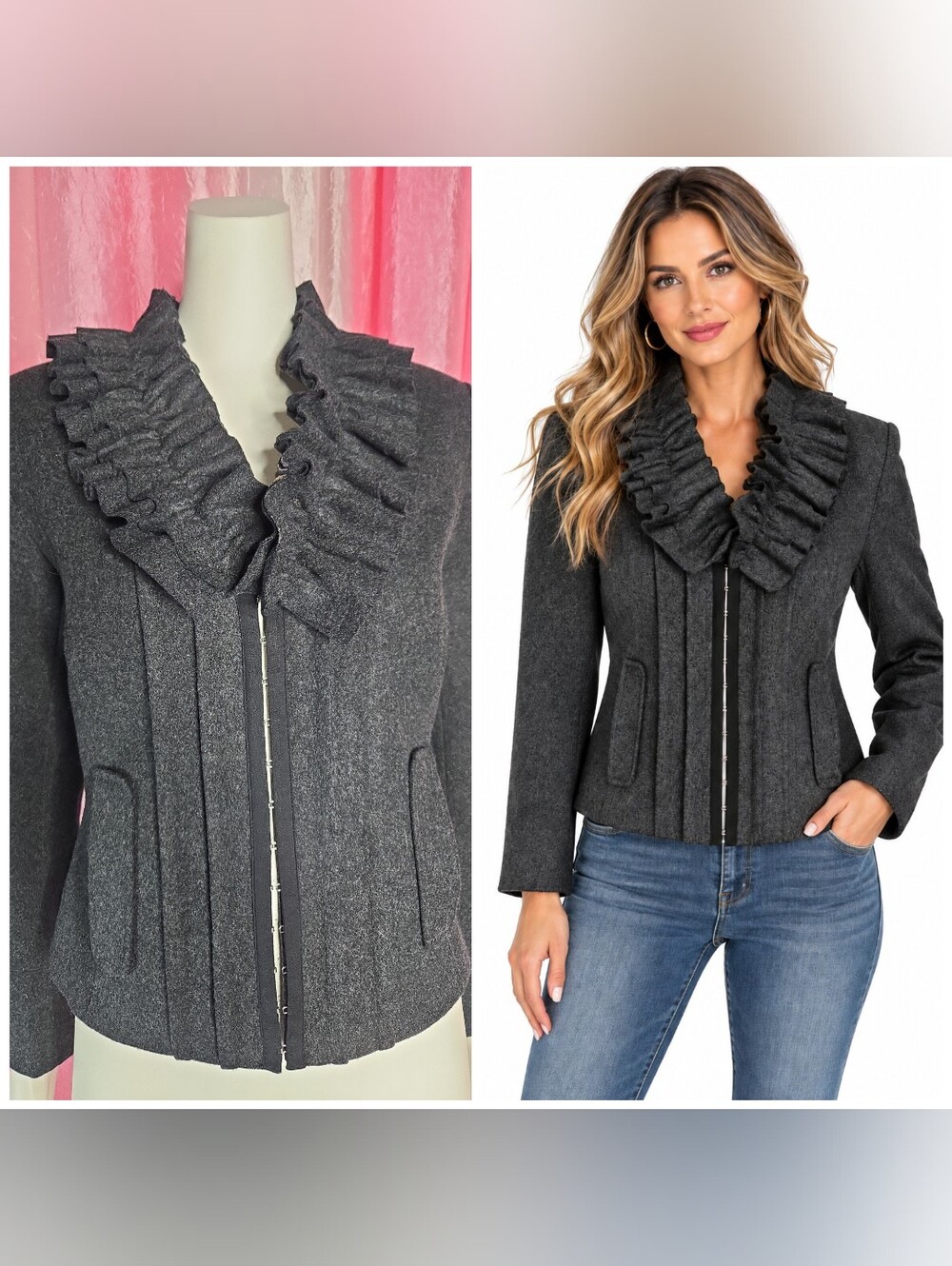 Hinge Dark Heather Charcoal Wool Blend Ruffle Trim Jacket Size Medium